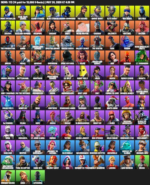 [PC/XBOX] | 113 skins | 600 V-bucks | Take The L | The Reaper | Elite Agent | Omega | Point Patroller | Blue Team Leader | Cloud Striker | Full Access