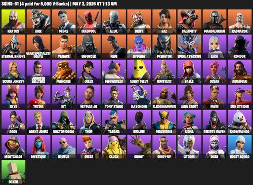 [PC/PSN/XBOX] | 61 skins | 1000 V-bucks | Leviathan Axe | Lara Croft | Kratos | Dire | Midas | Deadpool | A.I.M. | Drift | Raz | Calamity | Full Access