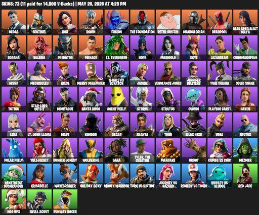 [PC/PSN/XBOX] | 73 skins | Midas | Sentinel | Rox | Ronin | Fusion | The Foundation | Peter Griffin | Mandalorian | Deadpool | Gear Specialist Maya | Full Access