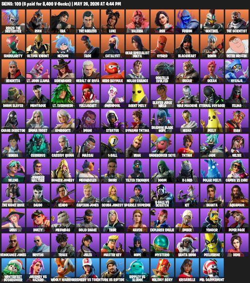 [PC/PSN/XBOX] | 109 skins | 1050 V-bucks | Renzo the Destroyer | Ruin | Era | The Ageless | Luxe | Valeria | Rox | Fusion | Sentinel | The Scientist | Full Access