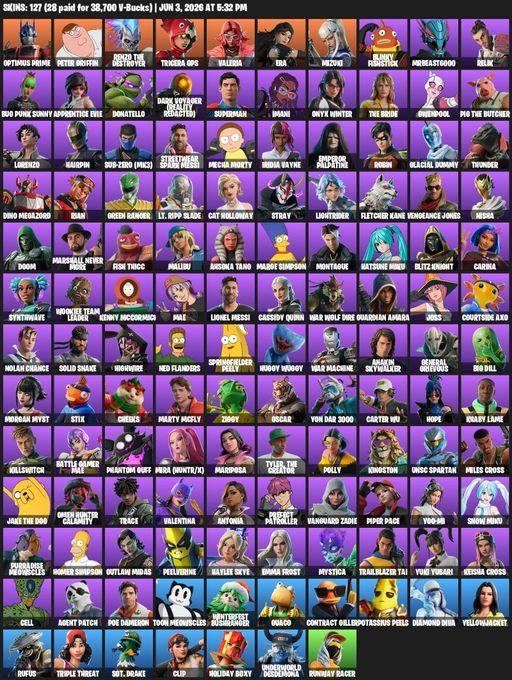 [PC/XBOX] | 127 skins | Optimus Prime | Peter Griffin | Renzo the Destroyer | Tricera Ops | Valeria | Era | Mizuki | Blinky Fishstick | MrBeast6000 | Full Access