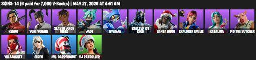 [PC/PSN] | 14 skins | Kendo | Yuki Yubari | Slayer Juice WRLD | Jade | Nyanja | Exalted Ice King | Santa Dogg | Explorer Emilie | Katalina | Full Access