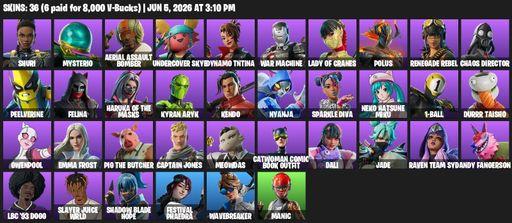 [PC/PSN/XBOX] | 36 skins | 700 V-bucks | Shuri | Mysterio | Aerial Assault Bomber | Undercover Skye | Dynamo TNTina | War Machine | Lady of Cranes | Full Access