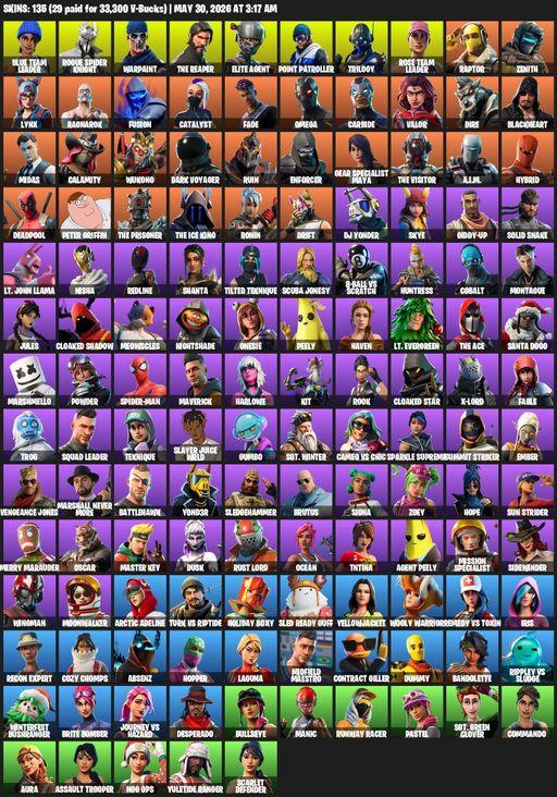 [PC] | 135 skins | Take The L | OG STW | The Reaper | Elite Agent | Omega | Blue Team Leader | Rogue Spider Knight | Warpaint | Point Patroller | Full Access