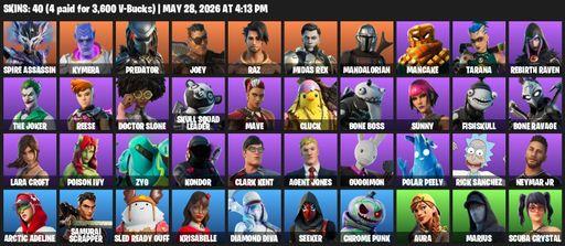 [PC] | 40 skins | Lara Croft | Spire Assassin | Kymera | Predator | Joey | Raz | Midas Rex | Mandalorian | Mancake | Tarana | Rebirth Raven | Full Access