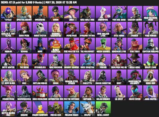 [PC/PSN/XBOX] | 67 skins | 700 V-bucks | Cyclo | Spectra Knight | Omegarok | Robin | Joss | War Wolf Dire | Gwenpool | Yon Dar 3000 | Cassidy Quinn | Full Access