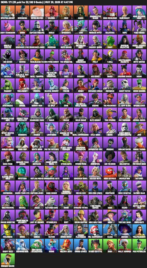 [PC] | 171 skins | Spectra Knight | Omegarok | Peter Griffin | Valeria | Zeus | Hades | Ringmaster Scarr | Dino Megazord | Slim Shady | Full Access