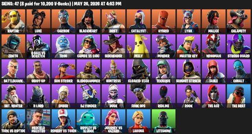 [PC/PSN/XBOX] | 47 skins | Raptor | Luxe | Carbide | Blackheart | Drift | Catalyst | Hybrid | Lynx | Malice | Calamity | Zenith | 8-Ball vs Scratch | Full Access