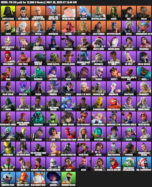 [PC/PSN/XBOX] | 115 skins | 1600 V-bucks | Darth Vader | The Ageless | Paradigm (Reality-659) | Renzo the Destroyer | Peter Griffin | Nezumi | Full Access