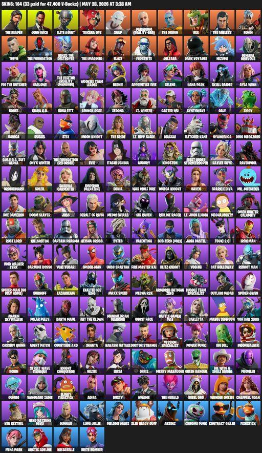 [PC] | 164 skins | Take The L | The Reaper | Elite Agent | John Wick | Tricera Ops | Snap | Paradigm (Reality-659) | The Origin | Rex | The Ageless | Full Access