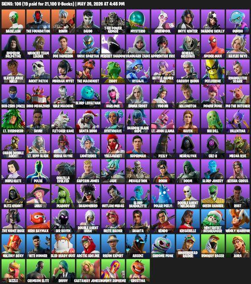 [PC/XBOX] | 106 skins | Reaper Axe | Backlash | The Foundation | Ronin | Daigo | T-60 Power Armor | Mysterio | Gwenpool | Onyx Winter | Shadow Skully | Full Access