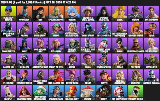 [PC/PSN/XBOX] | 59 skins | 2400 V-bucks | Mako | Blue Team Leader | Omegarok | Era | Spectra Knight | Nezumi | Die With A Smile Bruno | Full Access