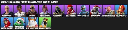 [PC/PSN/XBOX] | 14 skins | 800 V-bucks | Slim Shady | Slayer Juice WRLD | Rap Boy | Iridia Vayne | Blitz Knight | Yulejacket | UNSC Spartan | Full Access