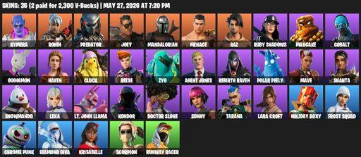 [PC/PSN/XBOX] | 35 skins | 800 V-bucks | Lara Croft | Kymera | Ronin | Predator | Joey | Mandalorian | Menace | Raz | Ruby Shadows | Mancake | Cobalt | Full Access