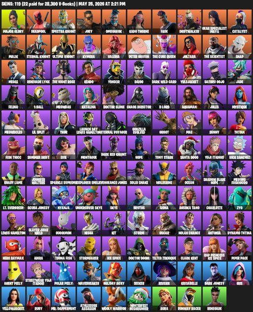 [PC] | 119 skins | 1150 V-bucks | Merry Mint Axe | Major Glory | Deadpool | Spectra Knight | Joey | Omegarok | Kado Thorne | Fade | Driftwalker | Full Access