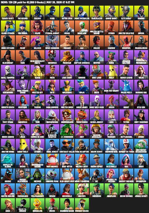 [PC/XBOX] | 136 skins | 650 V-bucks | Leviathan Axe | Take The L | Travis Scott | The Reaper | Elite Agent | Omega | Lara Croft | Trilogy | Fixer | Full Access