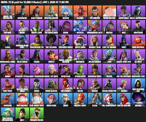 [PC/PSN/XBOX] | 73 skins | Renzo the Destroyer | Omegarok | Kado Thorne | Spectra Knight | Nezumi | Valeria | The Ageless | Peter Griffin | Juice WRLD | Full Access