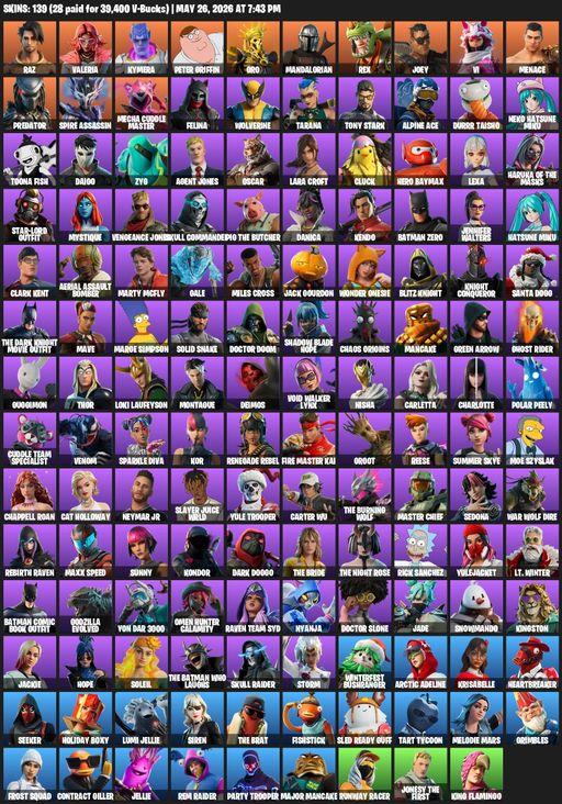 [PC/PSN/XBOX] | 139 skins | Leviathan Axe | Lara Croft | Raz | Valeria | Kymera | Peter Griffin | Oro | Mandalorian | Rex | Joey | Vi | Menace | Full Access