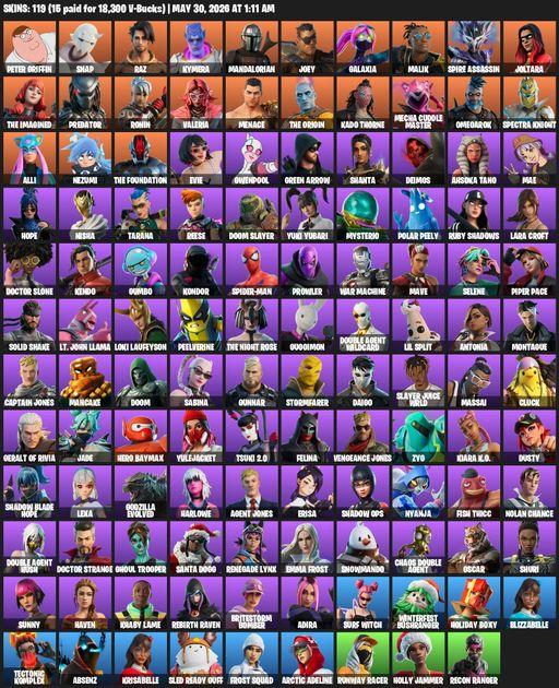 [PC/PSN/XBOX] | 119 skins | 2000 V-bucks | Lara Croft | Peter Griffin | Snap | Raz | Kymera | Mandalorian | Joey | Galaxia | Malik | Spire Assassin | Full Access