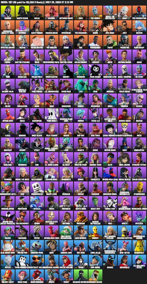 [PC] | 187 skins | Renegade Raider | Xander | Darth Vader | Malik | Valeria | Optimus Prime | Zeus | The Origin | Renzo the Destroyer | Snap | Full Access