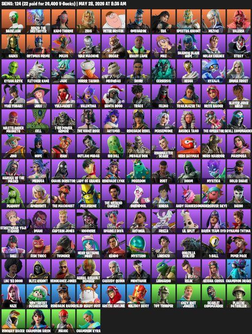 [PC/PSN/XBOX] | 124 skins | Renegade Raider | Reaper Axe | Backlash | Renzo the Destroyer | Kado Thorne | Zeus | Peter Griffin | Omegarok | Era | Full Access